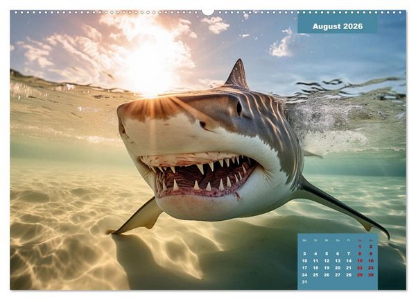Produktbild: Stille Giganten - KI-generierte Hai-Impressionen (hochwertiger Premium Wandkalender 2026 DIN A2 quer), Kunstdruck in Hochglanz