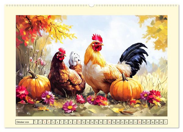 Produktbild: Im Glanz der Federn. Sch&ouml;ne H&uuml;hner in malerischer Harmonie (hochwertiger Premium Wandkalender 2026 DIN A2 quer), Kunstdruck in Hochglanz
