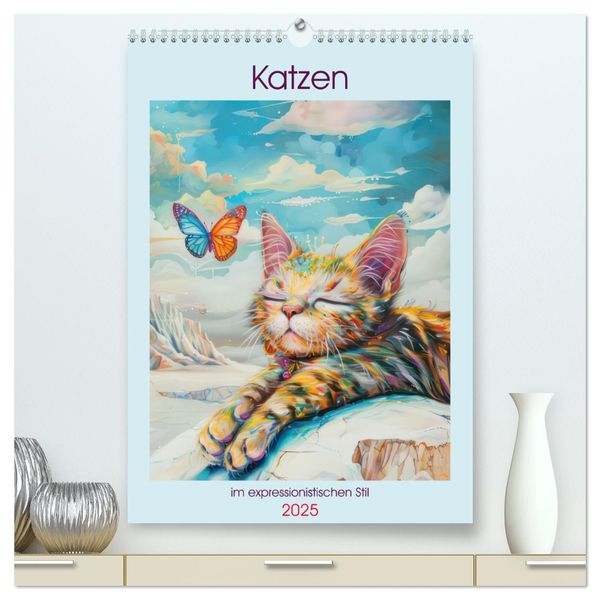 Katzen im expressionistischen Stil (hochwertiger Premium Wandkalender 2025 DIN A2 hoch), Kunstdruck in Hochglanz