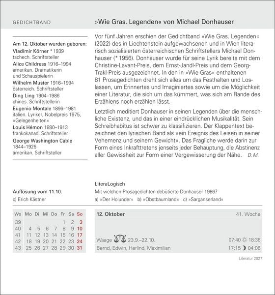 Produktbild: Literatur Tagesabrei&szlig;kalender 2027 - Kulturkalender - Autoren, Werke, H&ouml;rb&uuml;cher