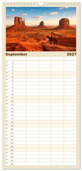 Produktbild: Familienplaner 2027 - USA &ndash; von Yellowstone bis Texas - Cowboys, Pr&auml;rie und Bisons mit 5 Spalten (Wandkalender, 21 x 45 cm) CALVENDO