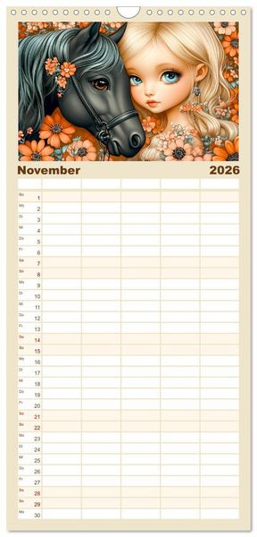 Produktbild: Familienplaner 2026 - Vertr&auml;umte M&auml;dchen. Tiere, Blumen, Liebe. mit 5 Spalten (Wandkalender, 21 x 45 cm) CALVENDO