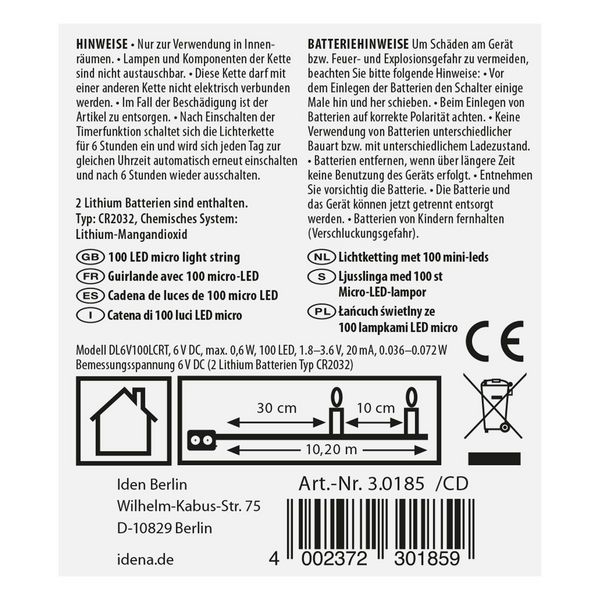 Produktbild: Idena Lichterkette 100 Micro LED warmwei&szlig; 6h Timer 10,2m