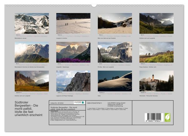 Produktbild: S&uuml;dtiroler Bergwelten - Die monti pallidi, Idylle die fast unwirklich erscheint (hochwertiger Premium Wandkalender 2026 DIN A2 quer), Kunstdruck in Hochglanz