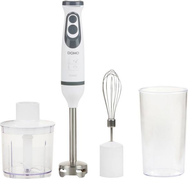 Produktbild: DOMO DO1089M Stabmixer 600 W mit Messbecher, Mixstab f&uuml;r Suppen, Schneebesenaufsatz, mit Zerkleinereraufsatz Wei&szlig;