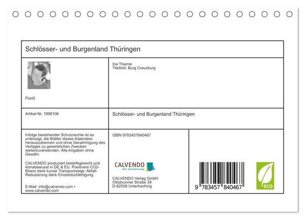 Produktbild: Schl&ouml;sser- und Burgenland Th&uuml;ringen (Tischkalender 2026 DIN A5 quer), CALVENDO Monatskalender