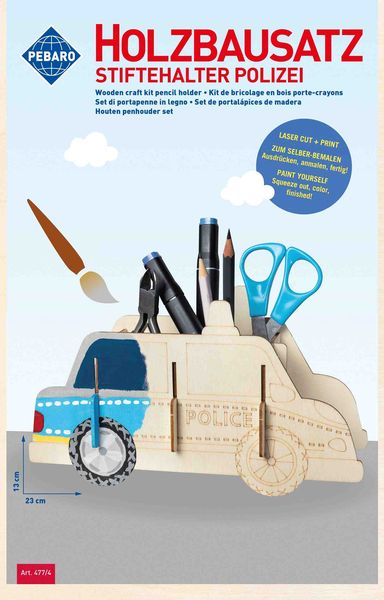 Produktbild: PEBARO 477/4 - Holzbausatz Stiftehalter Polizeiauto, Laser cut Bastelset