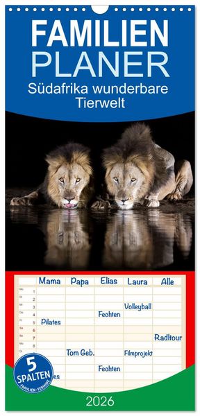 Produktbild: Familienplaner 2026 - S&uuml;dafrika wunderbare Tierwelt mit 5 Spalten (Wandkalender, 21 x 45 cm) CALVENDO