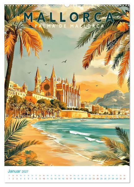 Produktbild: Mallorca - Old School Poster Style (Wandkalender 2027 DIN A2 hoch), CALVENDO Monatskalender