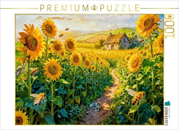 CALVENDO Puzzle Cottage im Sonnenblumenfeld mit Katze auf dem Weg | 1000 Teile Lege-Größe 64x48cm Foto-Puzzle für glückliche Stunden