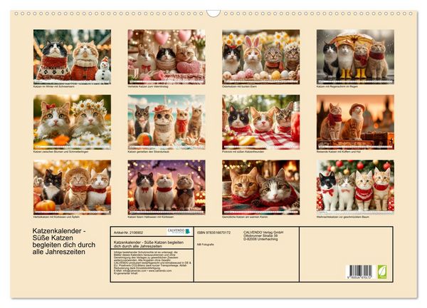 Produktbild: Katzenkalender - S&uuml;&szlig;e Katzen begleiten dich durch alle Jahreszeiten (Wandkalender 2026 DIN A2 quer), CALVENDO Monatskalender