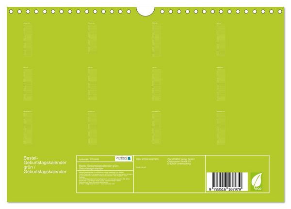 Produktbild: Bastel-Geburtstagskalender gr&uuml;n / Geburtstagskalender (Wandkalender 2026 DIN A4 quer), CALVENDO Monatskalender