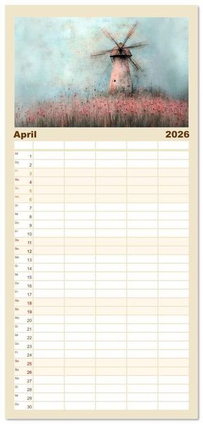 Produktbild: Familienplaner 2026 - Windgefl&uuml;ster-M&uuml;hlenimpressionen mit 5 Spalten (Wandkalender, 21 x 45 cm) CALVENDO