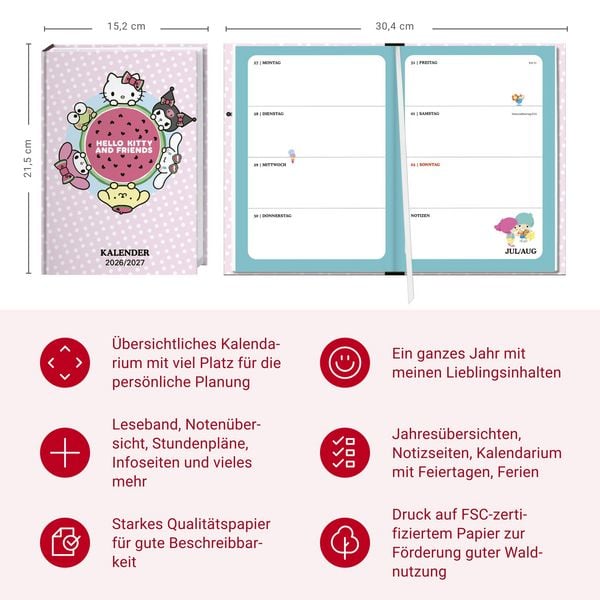 Produktbild: Hello Kitty 17-Monats-Kalenderbuch A5 2027 - 17 Monate. Von August 2026 bis Dezember 2027