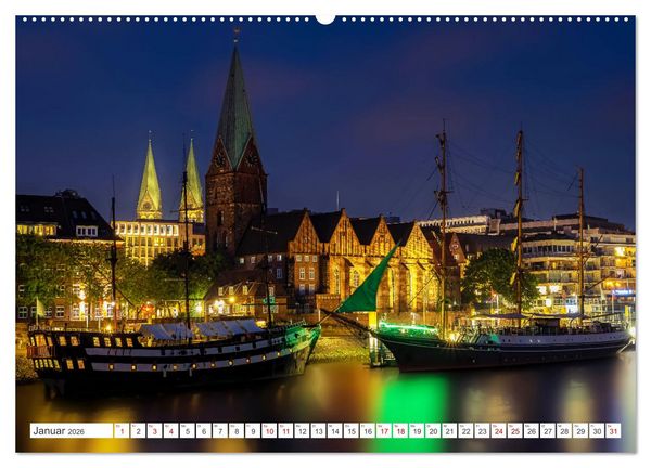 Produktbild: Bremen und Bremerhaven - Nachtaufnahmen (hochwertiger Premium Wandkalender 2026 DIN A2 quer), Kunstdruck in Hochglanz
