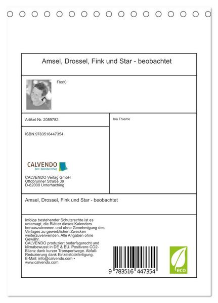 Produktbild: Amsel, Drossel, Fink und Star - beobachtet (Tischkalender 2026 DIN A5 hoch), CALVENDO Monatskalender