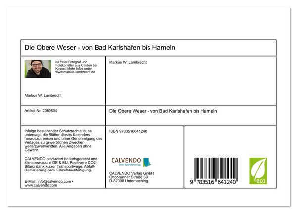 Produktbild: Die Obere Weser - von Bad Karlshafen bis Hameln (Tischkalender 2026 DIN A5 quer), CALVENDO Monatskalender