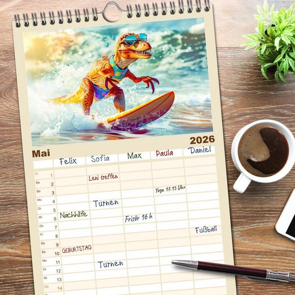 Produktbild: Familienplaner 2026 - Dinosaurier Sommer - Urzeitlich witzige Strandparty mit 5 Spalten (Wandkalender, 21 x 45 cm) CALVENDO