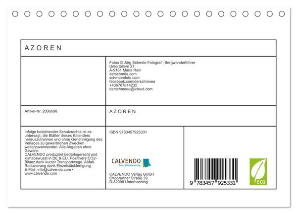 Produktbild: A Z O R E N (Tischkalender 2026 DIN A5 quer), CALVENDO Monatskalender