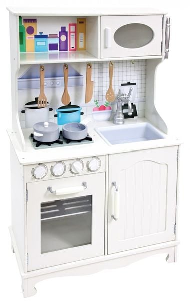Bino 83724 - Holz-Kinderküche Provence, weiß, mit Zubehör, 97x65x30cm