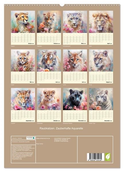 Produktbild: Raubkatzen. Zauberhafte Aquarelle (hochwertiger Premium Wandkalender 2026 DIN A2 hoch), Kunstdruck in Hochglanz