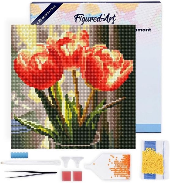 FiguredArt DP-SFA194-Y - Mini Diamond Painting, Pfirsichfarbene Tulpen, Leinwand-Keilrahmen (25x25cm), DIY Bastelset Image