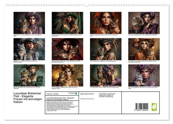 Produktbild: Luxuri&ouml;ser Bohemian Flair - Elegante Frauen mit anmutigen Katzen (hochwertiger Premium Wandkalender 2026 DIN A2 quer), Kunstdruck in Hochglanz