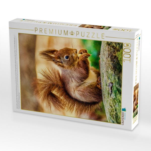 Produktbild: CALVENDO Puzzle Die dunklen, gl&auml;nzenden Augen des Eichh&ouml;rnchens sind aufmerksam auf sein Futter gerichtet, w&auml;hrend seine kleinen Ohren mit feinen Haarb&uuml;scheln spitz in die Luft ragen. | 1000 Teile Lege-Gr&ouml;&szlig;e 64x48cm Foto-Puzzle f&uuml;r gl&uuml;ckliche Stunden