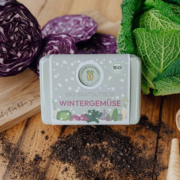Produktbild: Saatgut Bio-Saatgutbox Wintergem&uuml;se in Wei&szlig;blechdose, mit 6 Sorten