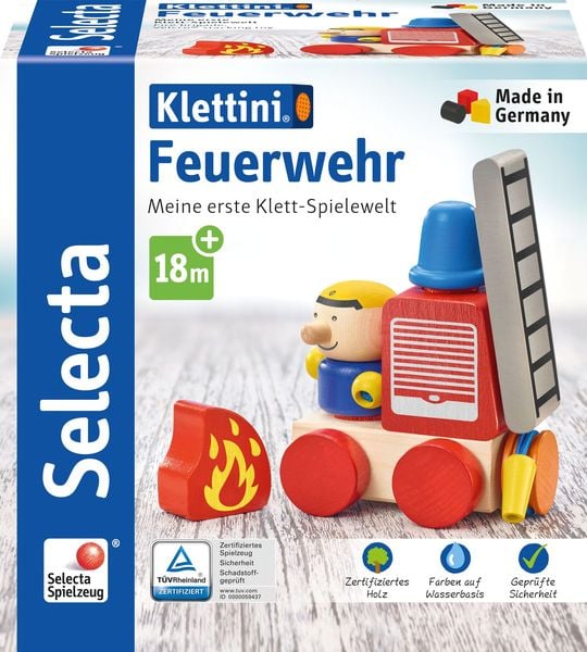 Produktbild: Selecta 62077 - Klettini&reg; Feuerwehr, Klett-Fahrzeug, Holz, 7-teilig