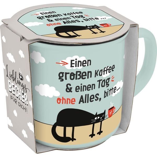 Produktbild: Becher in Emailloptik "Einen gro&szlig;en Kaffee & einen Tag ohne Alles, bitte..."