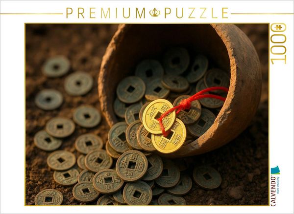Produktbild: CALVENDO Puzzle M&uuml;nzen am roten Band - Wohlstand und stetiger Geldfluss | 1000 Teile Lege-Gr&ouml;&szlig;e 64x48cm Foto-Puzzle f&uuml;r gl&uuml;ckliche Stunden