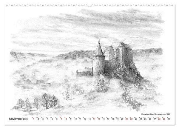 Produktbild: ZeitZeichnen: Burgen und Befestigungen in der Aachener Region (hochwertiger Premium Wandkalender 2026 DIN A2 quer), Kunstdruck in Hochglanz