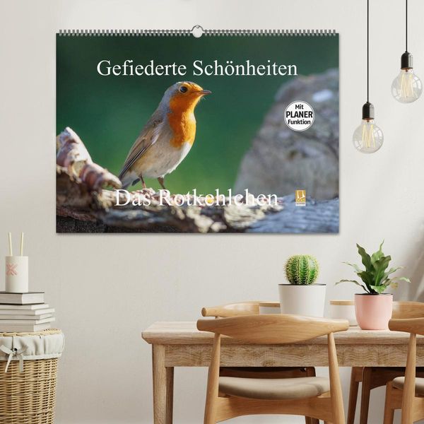 Produktbild: Gefiederte Sch&ouml;nheiten - Das Rotkehlchen / Planer (Wandkalender 2026 DIN A2 quer), CALVENDO Monatskalender