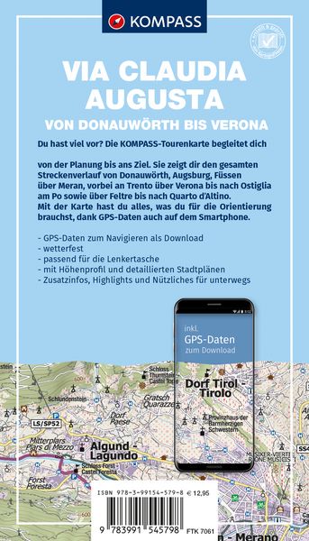 Produktbild: KOMPASS Fahrrad-Tourenkarte Via Claudia Augusta - von Donauw&ouml;rth bis Verona 1:50.000
