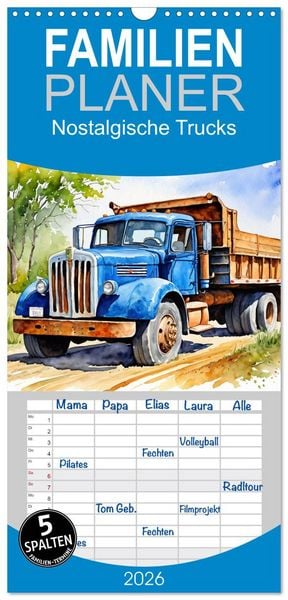 Produktbild: Familienplaner 2026 - Nostalgische Trucks mit 5 Spalten (Wandkalender, 21 x 45 cm) CALVENDO