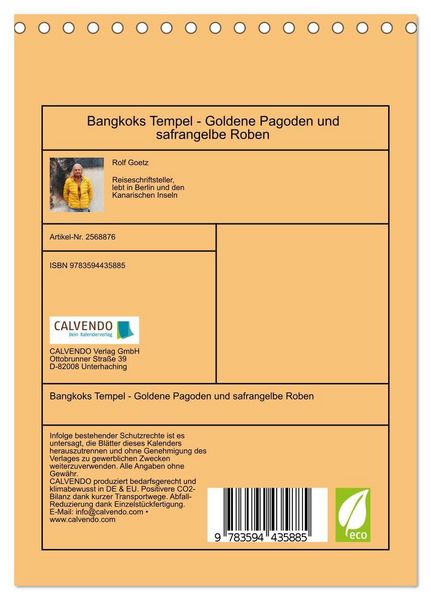 Produktbild: Bangkoks Tempel - Goldene Pagoden und safrangelbe Roben (Tischkalender 2027 DIN A5 hoch), CALVENDO Monatskalender