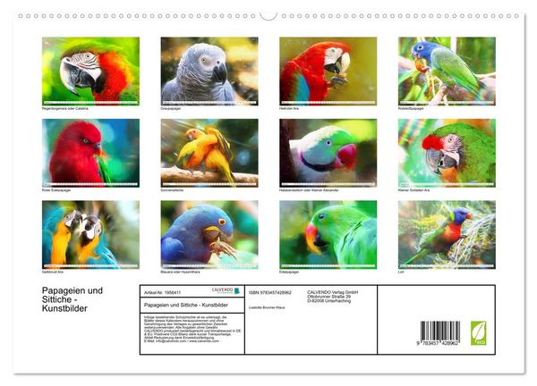 Produktbild: Papageien und Sittiche - Kunstbilder (hochwertiger Premium Wandkalender 2026 DIN A2 quer), Kunstdruck in Hochglanz