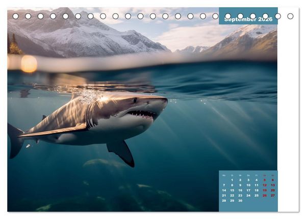 Produktbild: Stille Giganten - KI-generierte Hai-Impressionen (Tischkalender 2026 DIN A5 quer), CALVENDO Monatskalender