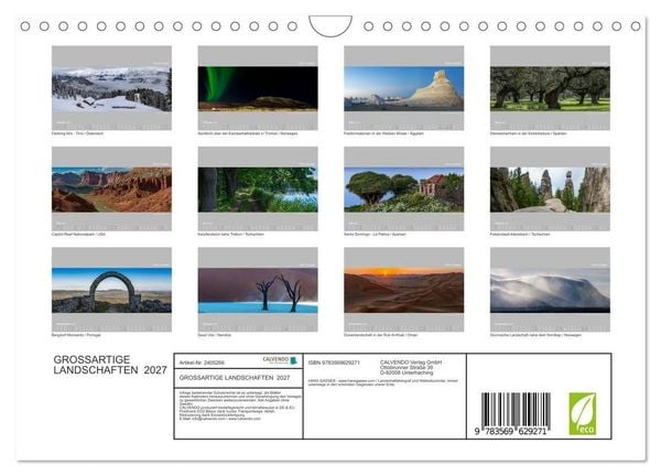 Produktbild: GROSSARTIGE LANDSCHAFTEN 2027 (Wandkalender 2027 DIN A4 quer), CALVENDO Monatskalender