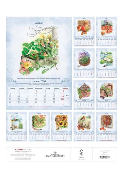 Produktbild: 100-jähriger Kalender 2026 - Bildkalender A3 (29,7x42 cm) - mit Feiertagen (DE/AT/CH) und Platz für Notizen - inkl. Bauernregeln - Wandkalender