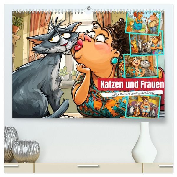 Produktbild: Katzen und Frauen. Lustige Cartoons vom t&auml;glichen Chaos (hochwertiger Premium Wandkalender 2026 DIN A2 quer), Kunstdruck in Hochglanz
