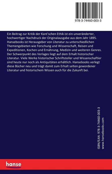 Produktbild: Ein Beitrag zur Kritik der Kant'schen Ethik