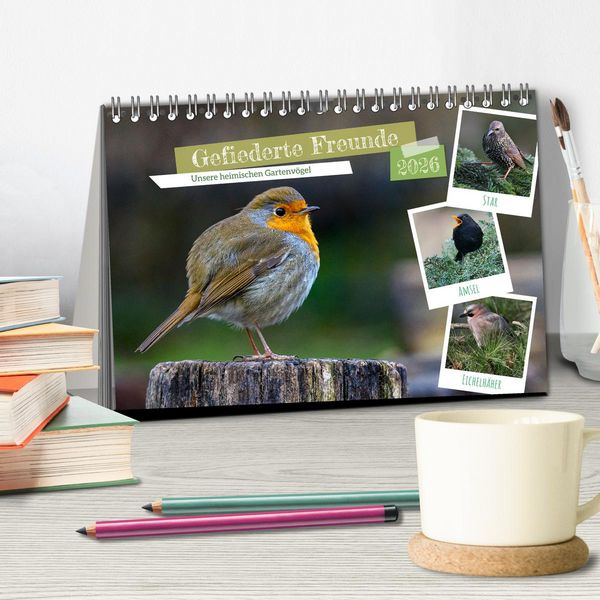 Produktbild: Gefiederte Freunde - Unsere heimischen Gartenv&ouml;gel (Tischkalender 2026 DIN A5 quer), CALVENDO Monatskalender