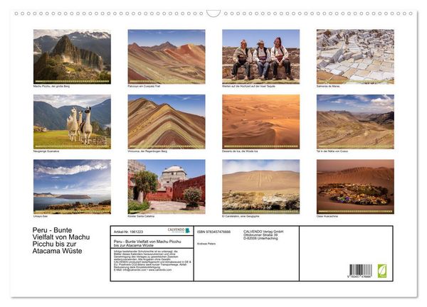 Produktbild: Peru - Bunte Vielfalt von Machu Picchu bis zur Atacama W&uuml;ste (Wandkalender 2026 DIN A2 quer), CALVENDO Monatskalender