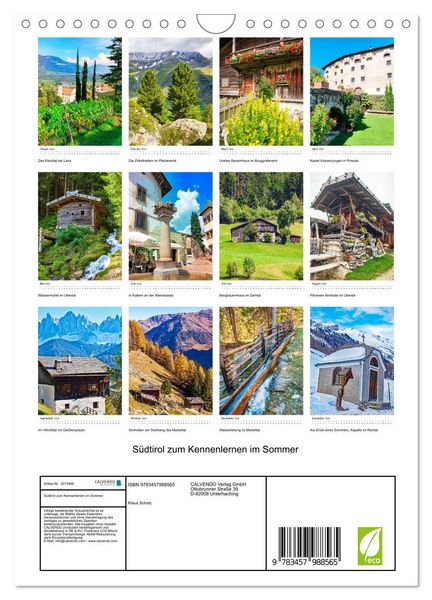 Produktbild: S&uuml;dtirol zum Kennenlernen im Sommer (Wandkalender 2026 DIN A4 hoch), CALVENDO Monatskalender
