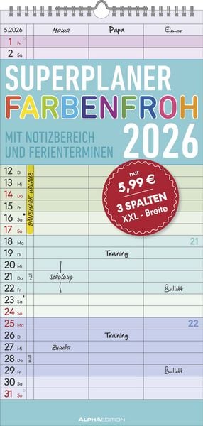 Produktbild: Superplaner Farbenfroh 2026 - Familien-Timer 22x45 cm - mit Ferienterminen - 3 Spalten - Wand-Planer - mit vielen Zusatzinformationen - Alpha Edition