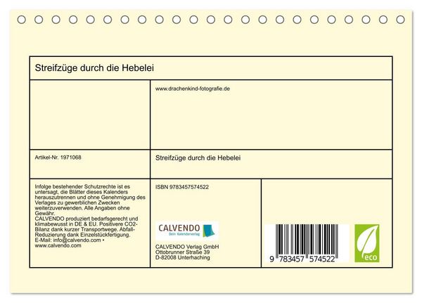 Produktbild: Streifz&uuml;ge durch die Hebelei (Tischkalender 2026 DIN A5 quer), CALVENDO Monatskalender