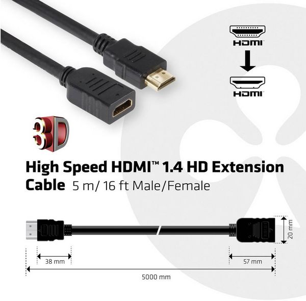 Produktbild: club3D HDMI Verl&auml;ngerungskabel HDMI-A Stecker, HDMI-A Buchse 5.00 m Schwarz CAC-1320 4K UHD HDMI-Kabel
