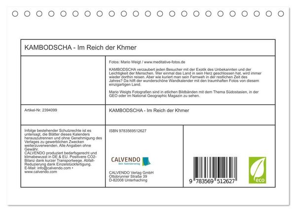 Produktbild: KAMBODSCHA - Im Reich der Khmer (Tischkalender 2027 DIN A5 quer), CALVENDO Monatskalender